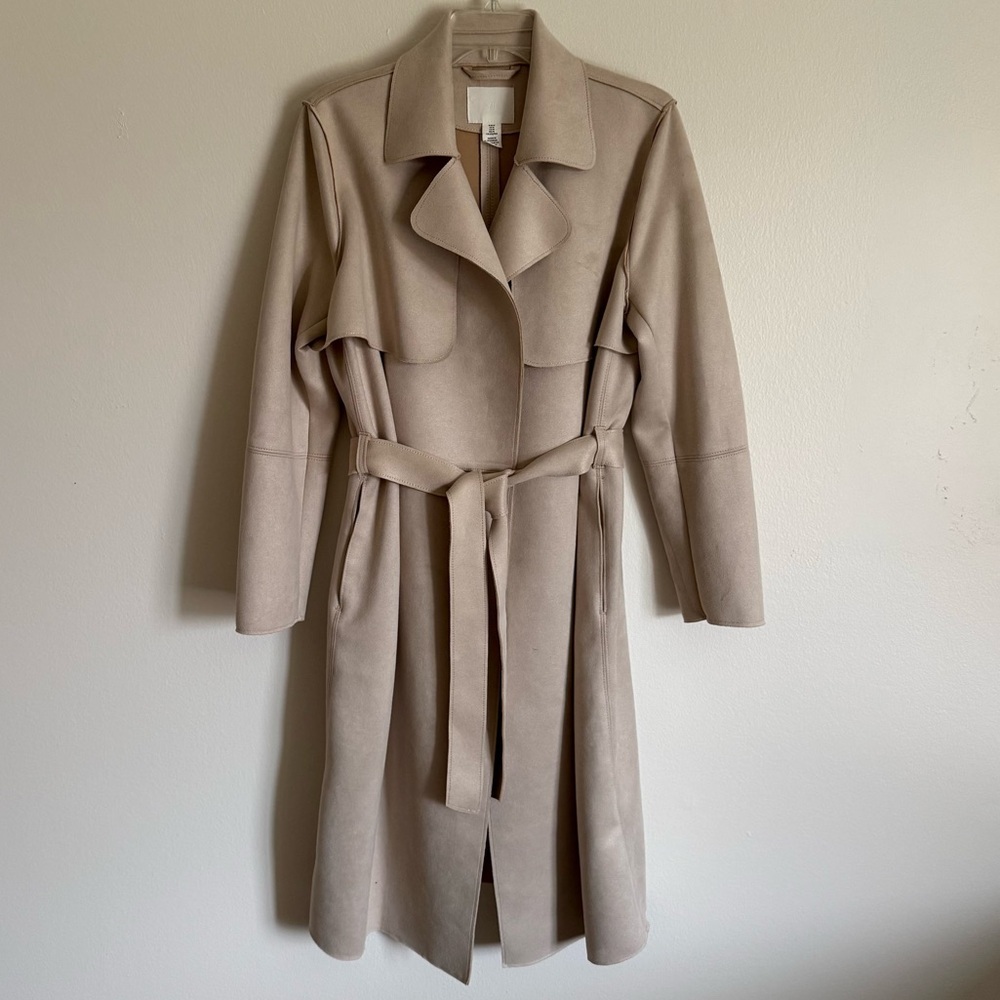 H&M Classic Tan Faux Suede Trench Coat Tie Waist Women's Size Medium - Picture 3 of 10